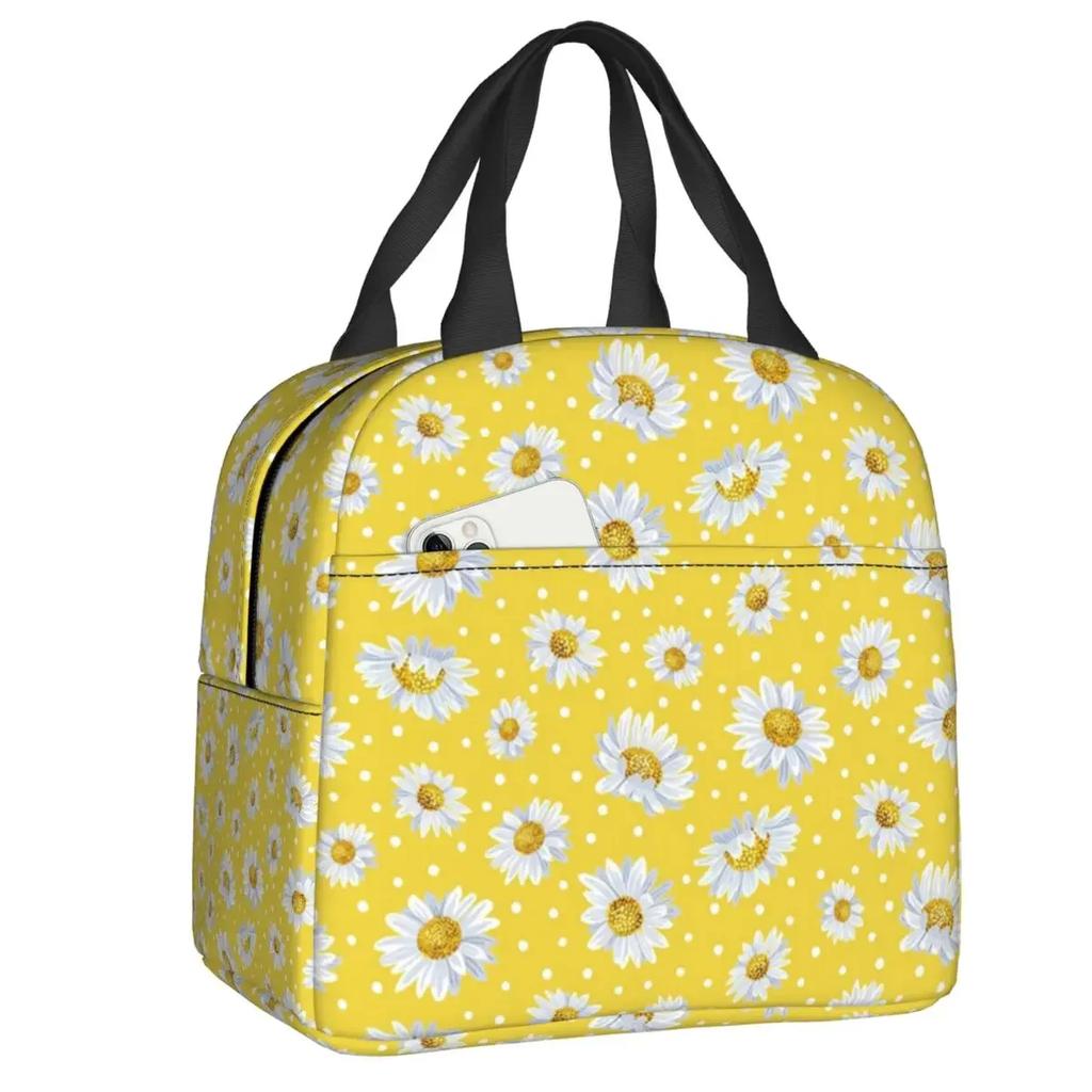 Beautiful Flower Daisy Lunch Bag Chamomile Floral Portable Cooler Thermal Insulated Bento Box For Women Children Food Picnic Bag