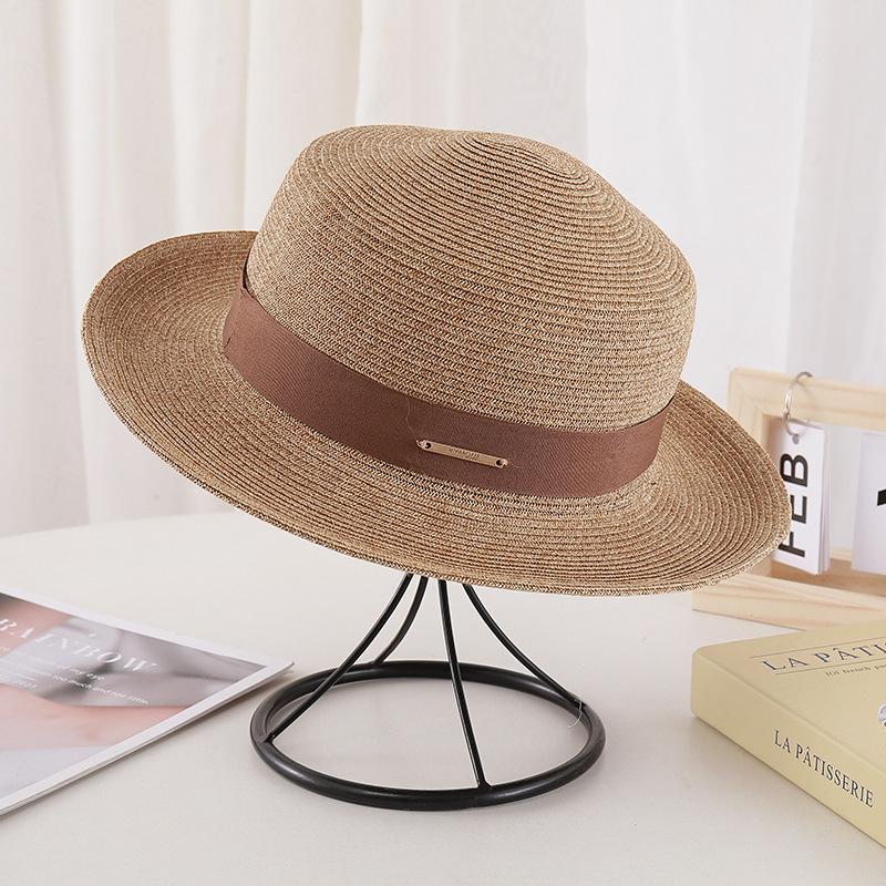 New French flat-top straw hat women's big head circumference seaside beach top hat woven sun-proof hat summer
