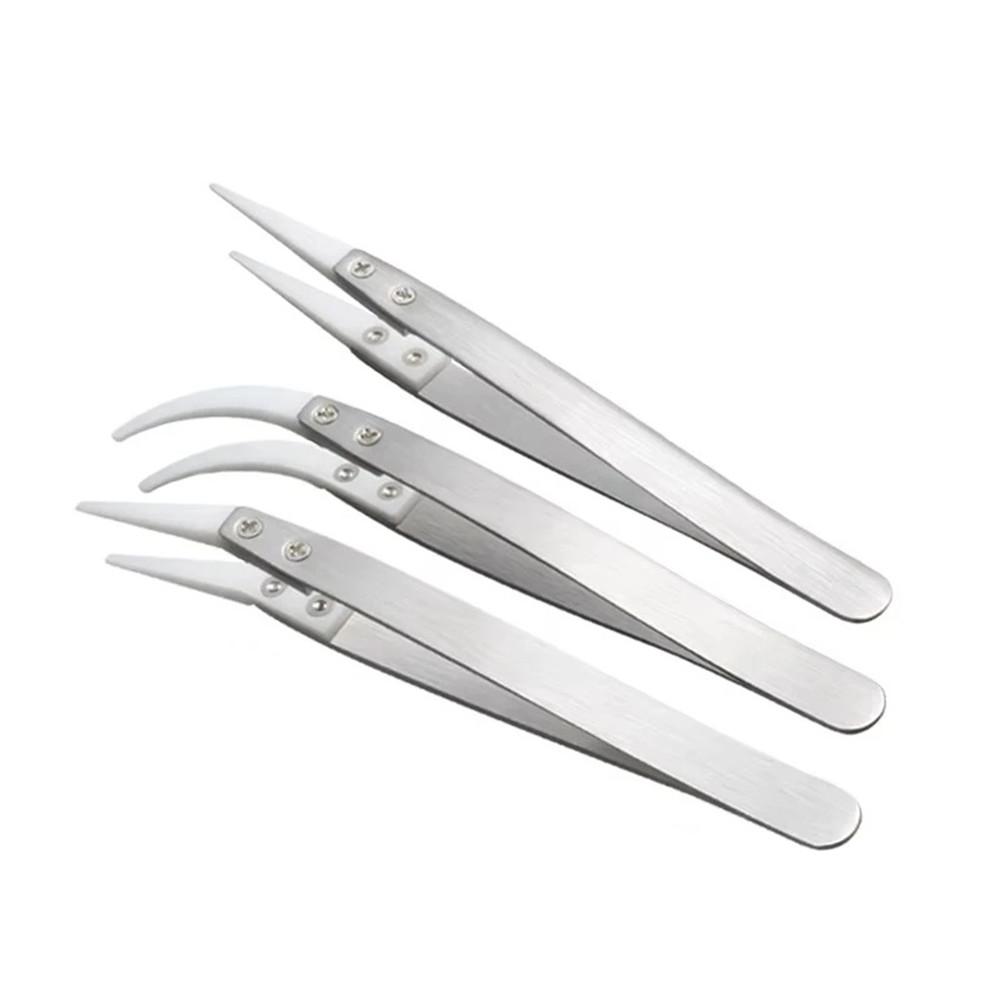3pcs Anti Static Ceramic Tip Tweezers Stainless Steel Handles Precision Set Includes Little Curved Big Curved and Straight