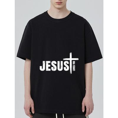 T-shirt Nera con Stampa Croce "Gesù Ti Ama" da Uomo Abbigliamento Casual Dichiarazione di Fede Cristiana Top Outfit Estivo