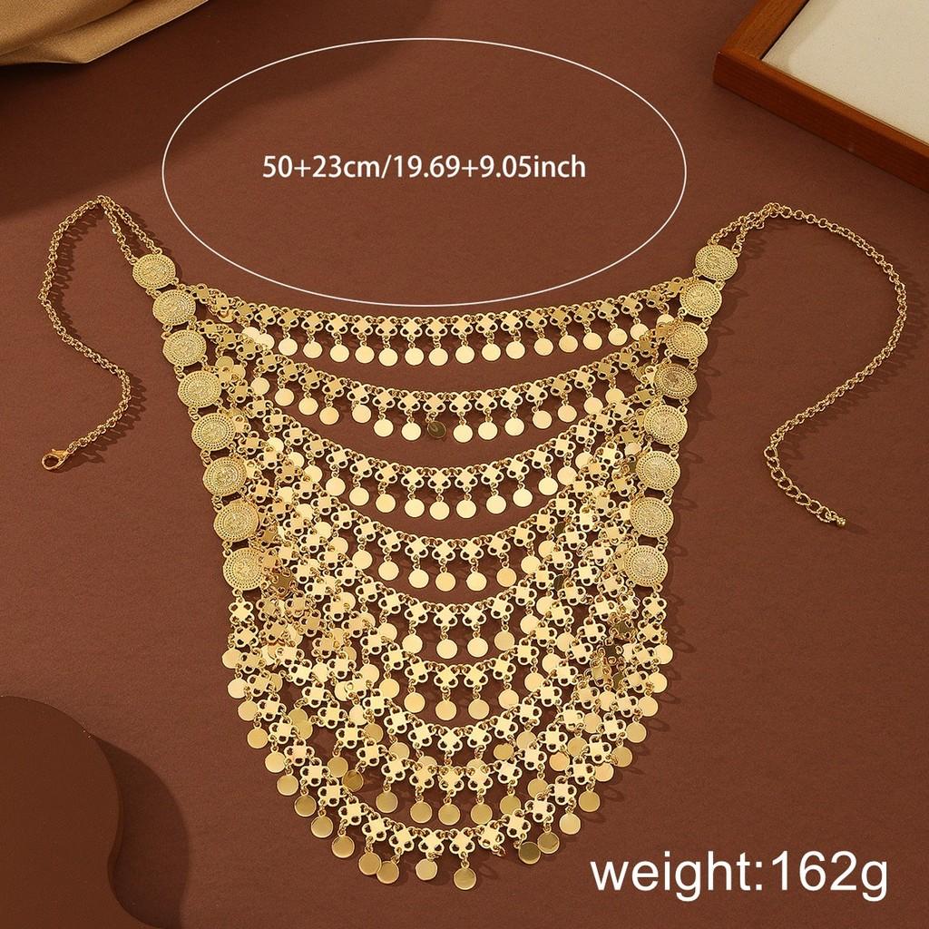 Halsband med mynthänge i guldlegering och flerskiktade tofsar för kvinnor sommar