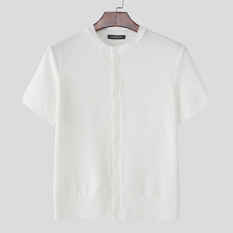 INCERUN Men Casual Short Sleeve Buttons Up Casual Fitted Tops T-shirts