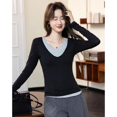 Demana Women's Color-Block Faux Two-Piece V-Neck T-Shirt