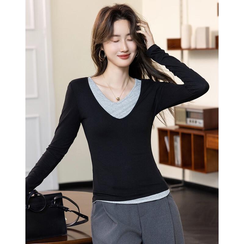 

Demana Women s Color-Block Faux Two-Piece V-Neck T-Shirt M