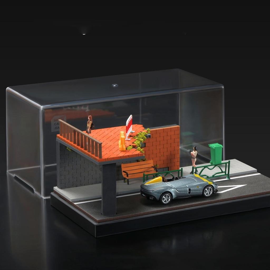 Shoucangjia Display Case for Hot and Matchbox Cars Scale Model Garage with Dust Street Fence Scene Diorama Parking Showcase Tomica, Wheels, 164