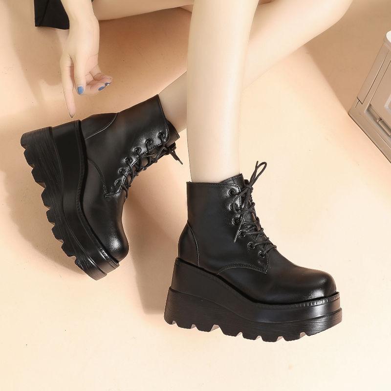 British style thick-soled heightened Martin boots for women's 2025 autumn new fried street muffin bottom high-heeled wedge-heeled short boots ins