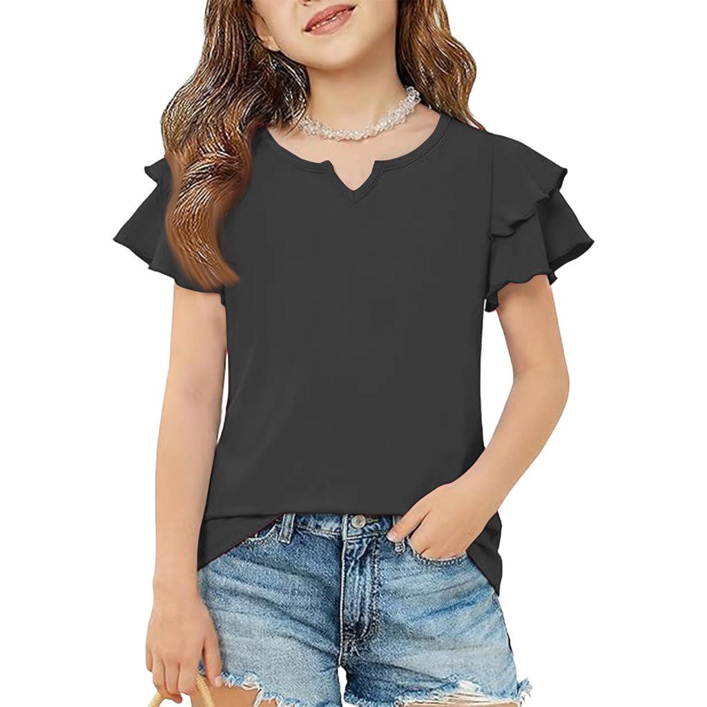 Girls' V-Neck Ruffle Tee - Short Sleeve Summer Blouse