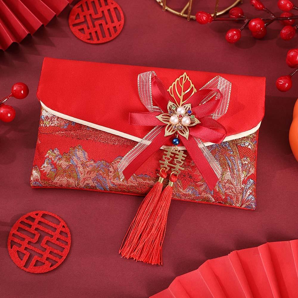 New Year Blessing Words Brocade Red Envelope Brocade Cloth Tassel New Year Money Bag  Party Gifts
