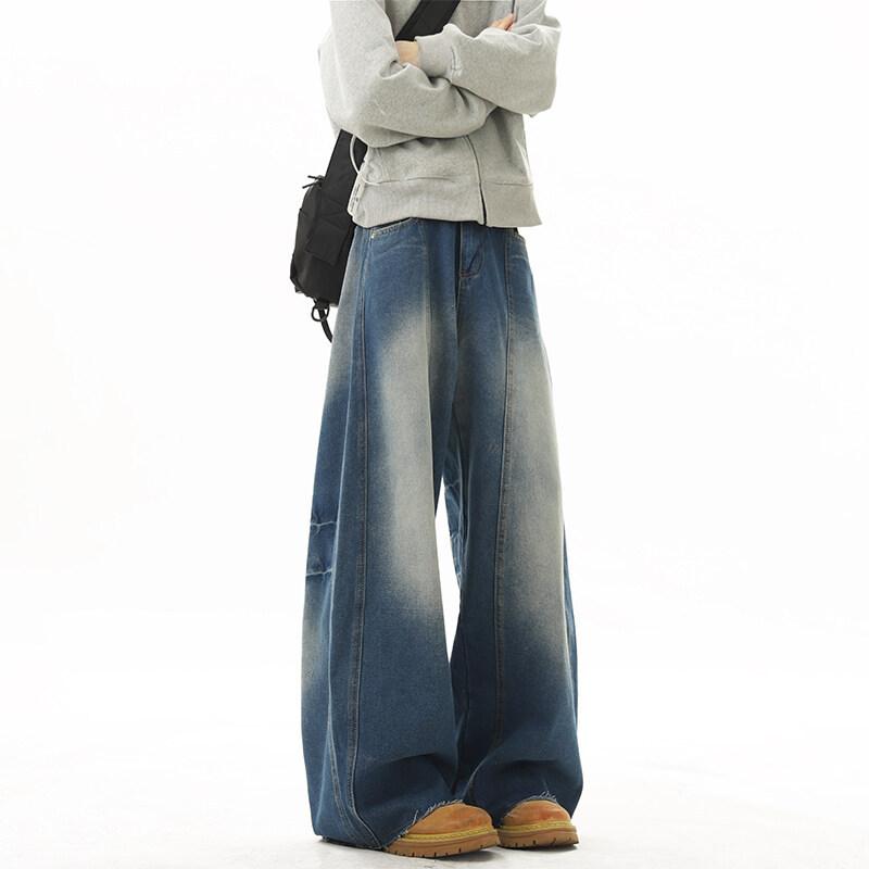 American Retro Wide-leg Loose Scimitar Pants Men's and Women's High-end Niche Jeans Washed Ruffian Handsome Fried Street Long Pants