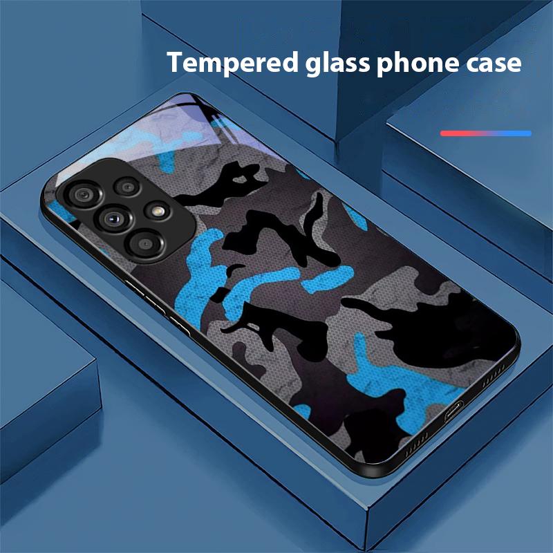 Camouflage Blue For Samsung Galaxy S10 20 Plus 21 FE 22 23 24 FE 25 Ultra Black Tempered Glass Phone Case Hard Shell