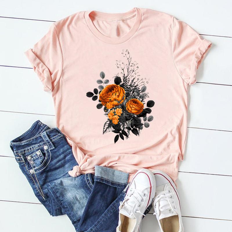 (Asian Size) Women Plant Lovely Flower Trend Cute Short Sleeve Print Tee Top Tshirt Lady Female Clothing Summer Fashion Casual Graphic T-shirt