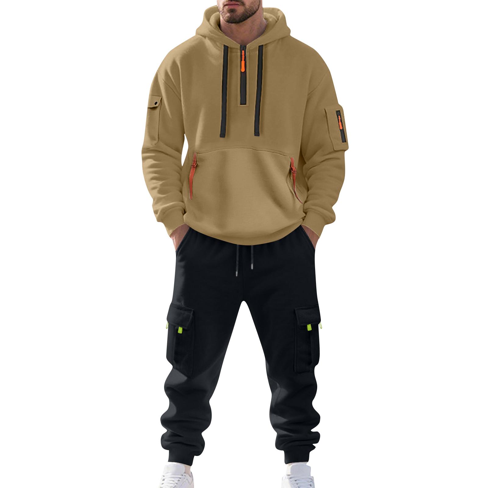 

Men s Solid Color Casual Suit Loose Sports Hooded Sweatshirt With Pockets Multi Pocket Overalls Suit S