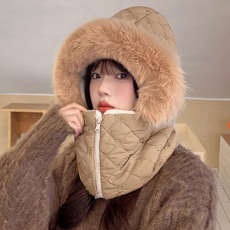 Plush Lei Feng Hat Women'S Winter Plush Thickened Thermal Cotton Hat Scarf Integrated Cycling Artifact Windproof Ear Hat