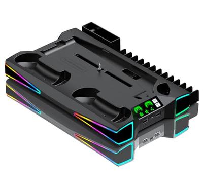 PS5 Slim Stand met 6-kleurige RGB-verlichting, PS5/PS5 Slim Controller Oplaadstandaard, Gelijktijdig opladen van 2 controllers, 3-traps koeling, PS5 Disc/Digi