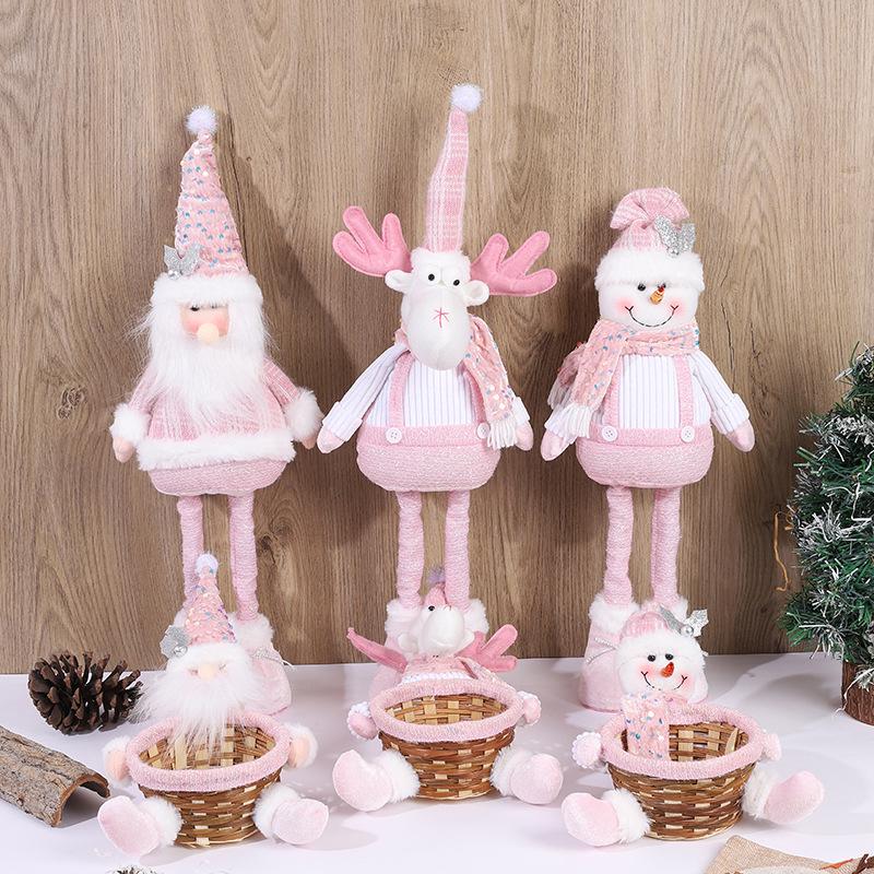 Pink Sequin Retractable Snowman Plush Toy for Christmas Decoration