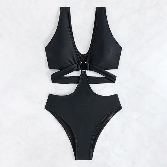 Sexy One-piece Swimwear V-Neck Sleeveless High Waist Monokini with Iron Ring Bandage Solid Color Quick Drying One-Piece Bikini