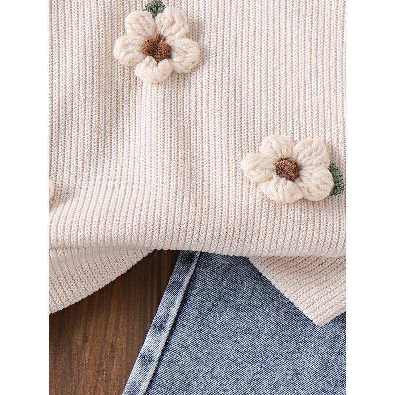 Pullover im Landhausstil mit langen Ärmeln, gestricktes Sweatshirt mit Blumenmuster + gewaschene lange Jeanshose, zweiteiliges Set