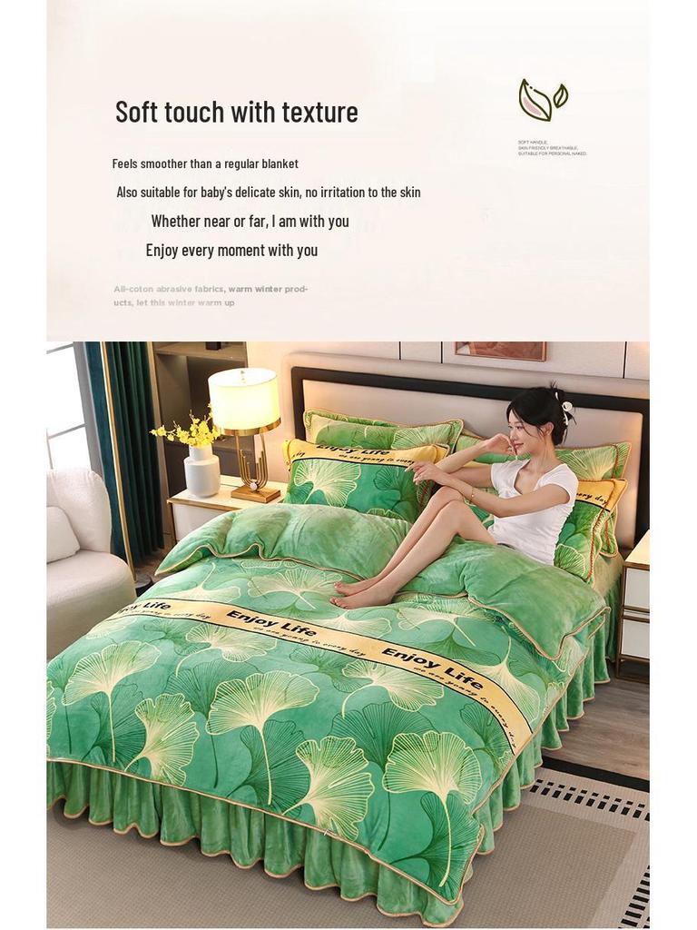Cozy Flannel 230g Milk Velvet Printed Bed Set with Skirt - New Autumn/Winter Collection, Hot Seller