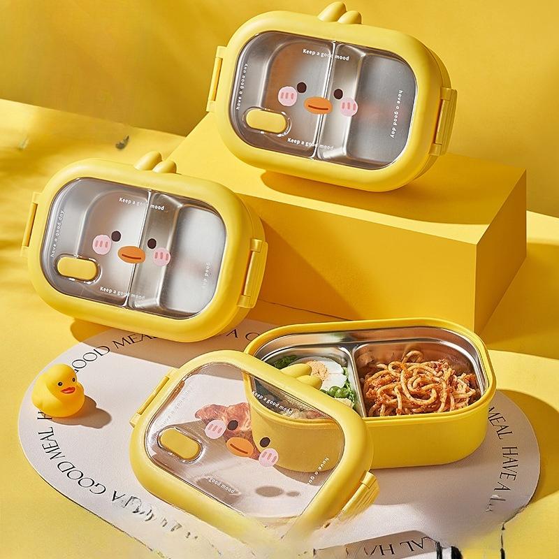 Yellow Duck Stainless Steel Insulated Lunch Box, Portable Student Bento Box with Soup Bowl and Divided Compartments