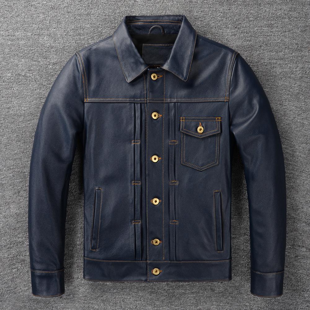 Classic 506 Style Genuine Cow Leather Jacket For Men Blue Black Natural Goatskin Coat Man  Slim Fit Soft Male Clothes Autumn