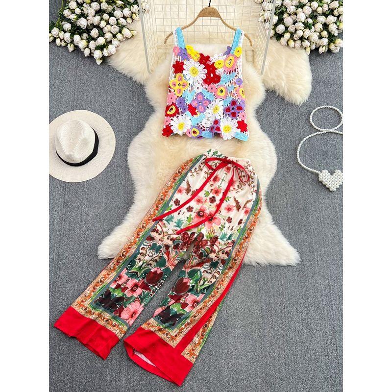 Seaside Holiday Cut Out Crocheted Flower Color Lace Sling Vest Two-Piece Set Ethnic Style Retro High Waist Loose Pants