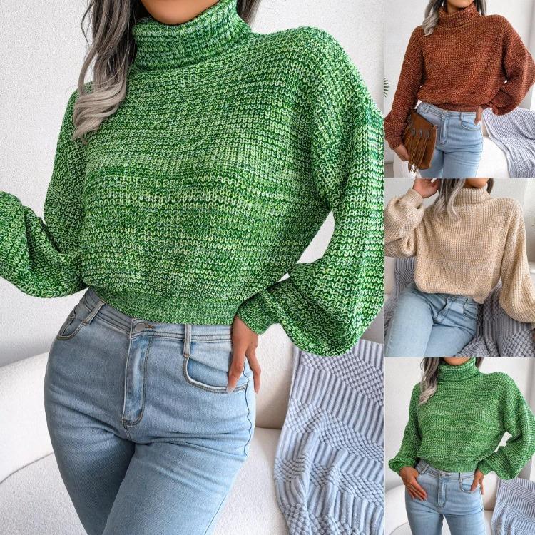 Women Loose Knit Turtleneck Sweater Long Sleeve All Match Fall Winter Mixed Color Lantern S-L