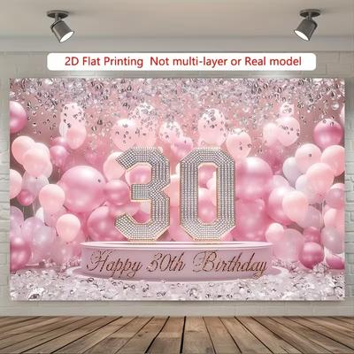 2D Elegant 30th Birthday Backdrop, Pink Balloon & Diamond Party Background