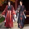 Chinese Wei Jin Dynasty Style Hanfu Suit Set, Black Printed Knight Cross Collar Daily Large Sleeved Shirt Set