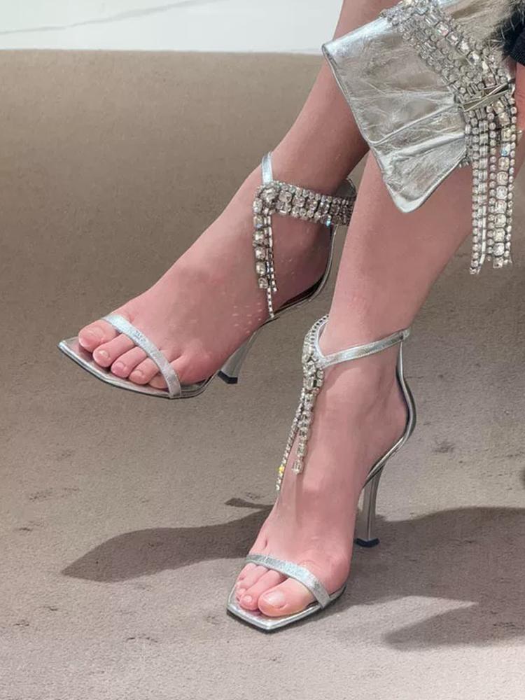 Fashion 2025 Summer New Water Diamond High Heels with Fine Heels and Sexy One Leg Strap, Open toed Square Head Sandals