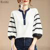 Women Casual V-neck Stripe Splice 3/4 Sleeve Blouse