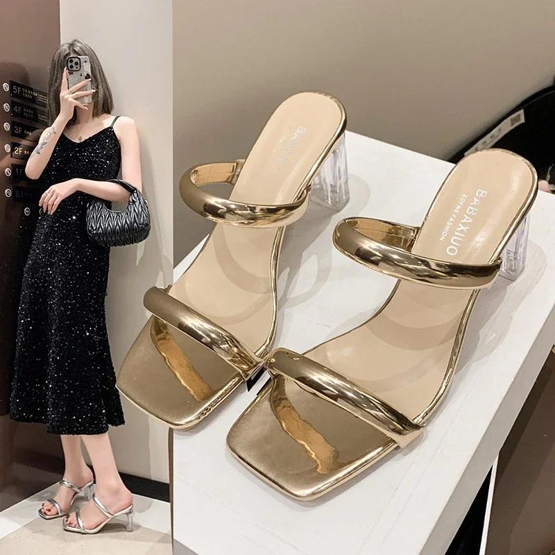 2024 Damenschuhe Sommer Zehenfrei High Heel Pantoletten Modische Damenpantoletten Lässig Einfarbig Dicke Ferse Damenschuhe