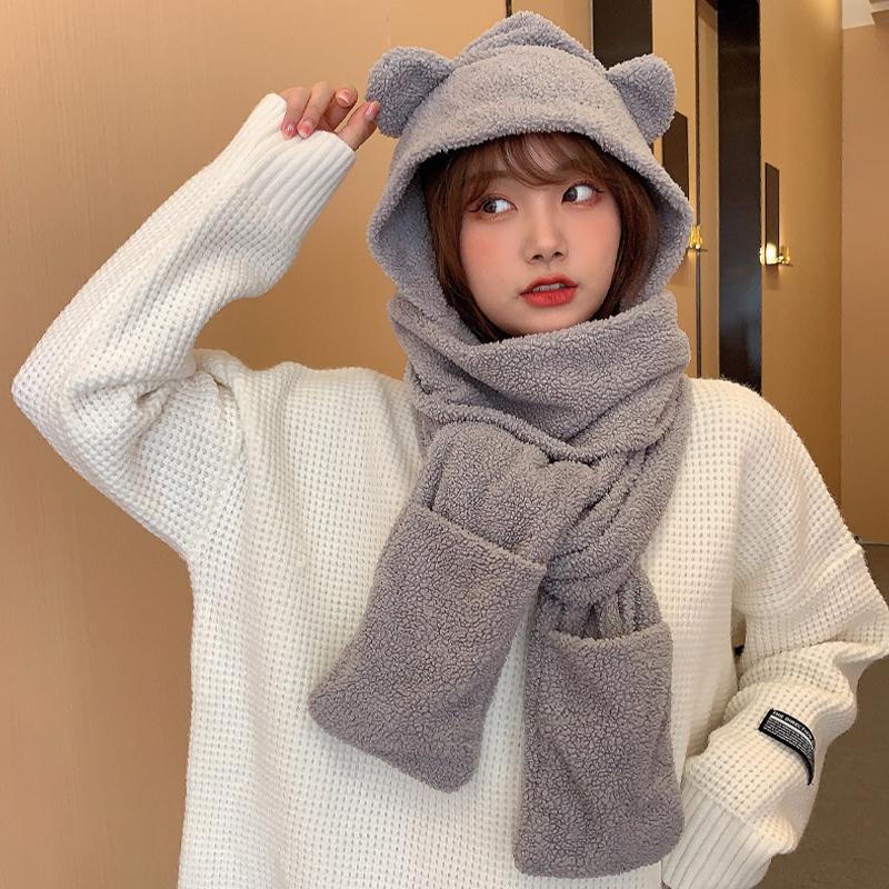 Herbst und Winter Cartoon Süßer Bär Hut Schal Drei-in-Eins Koreanischer Stil Hut Warm und Bequem Gehörschutz All-in-One Hut