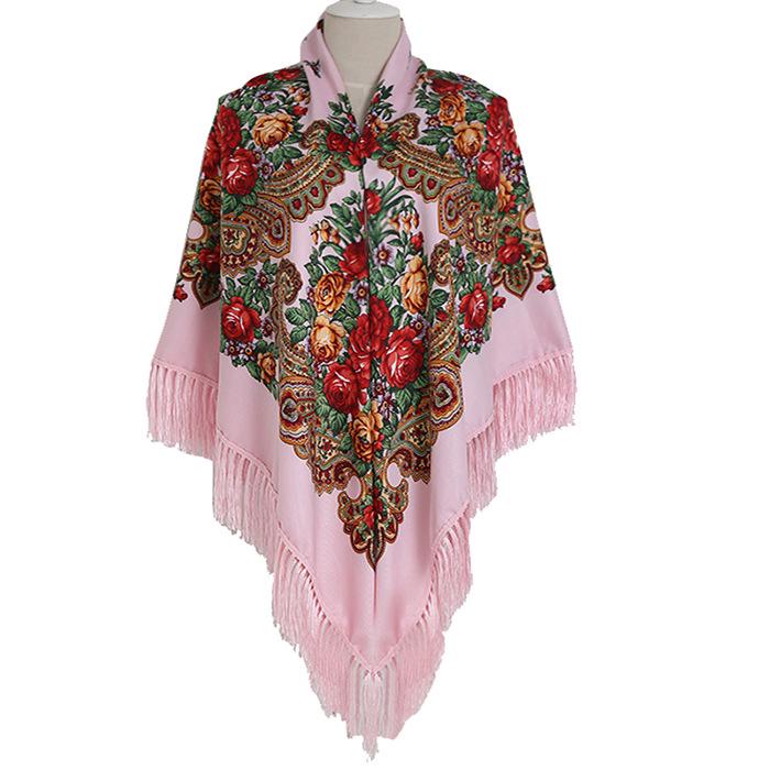 Ethnic Print Tassel Shawl: Large Square Scarf for Women - Autumn/Winter Style