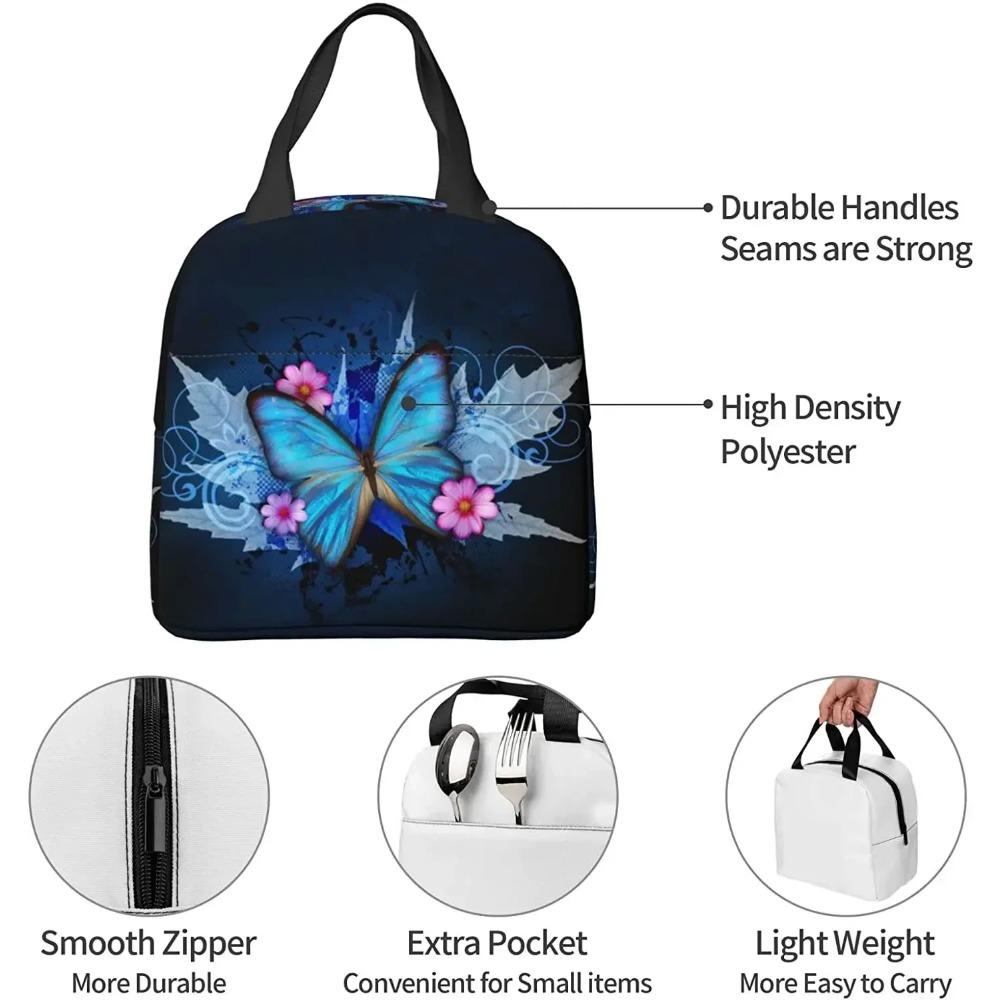 Blue Butterfly Lunch Bag Insulated Reusable Lunch Box Thermal Tote Bag Container Cooler Bag for Women Men Travel Picnic Work