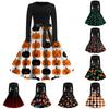 Women's Fashion Round Neck Casual Slim Fit Halloween Printed Swing Long Sleeve Dress