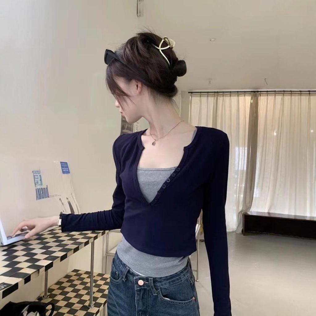 Korean Style Slim Fit Long Sleeve T-shirt - Women's Versatile Two-Piece Look, 260g, Autumn Winter Temperament