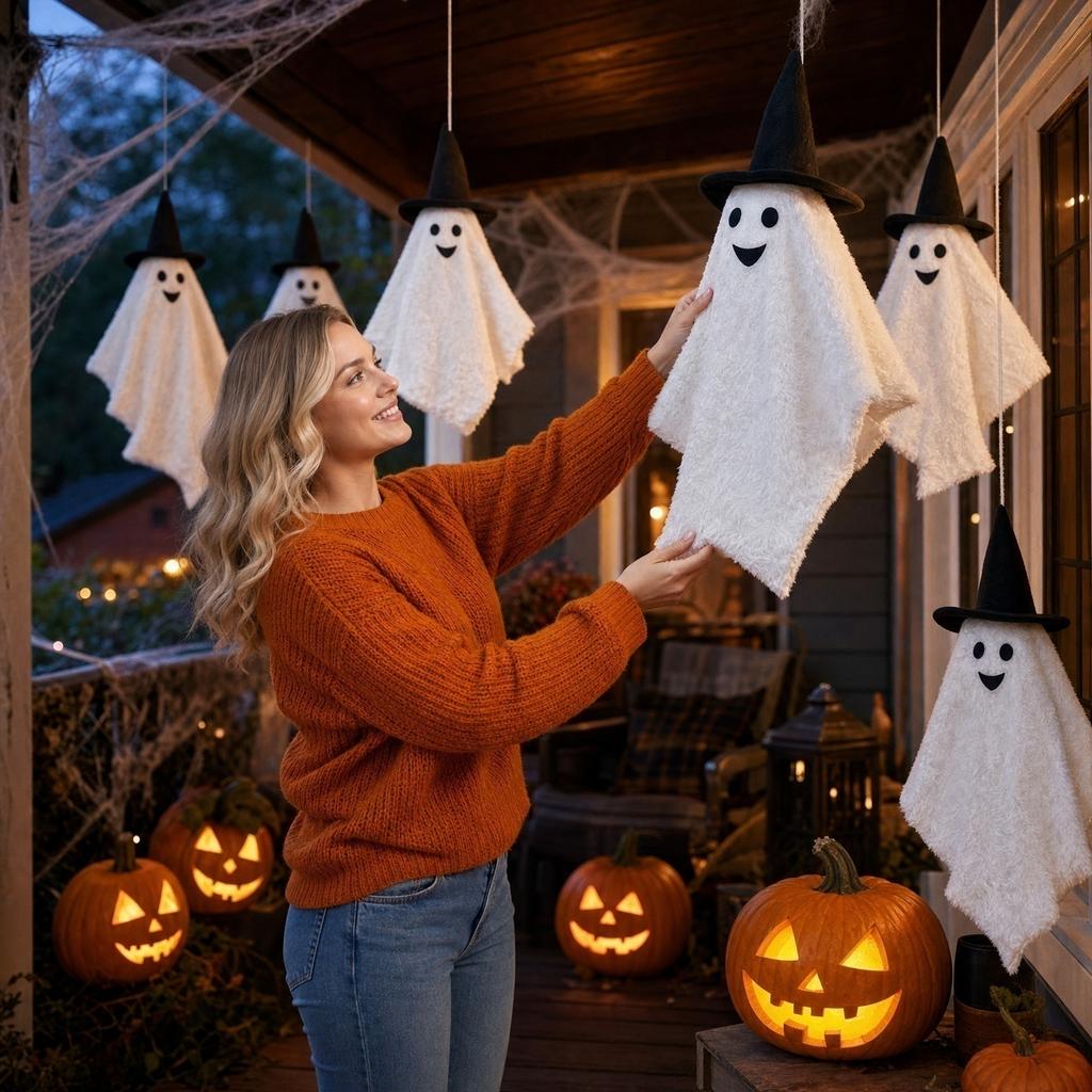 Halloween Porch Hanging Ghost Decoration with Witch Hat Outdoor Yard Hanging Spirit for Party and Seasonal Display