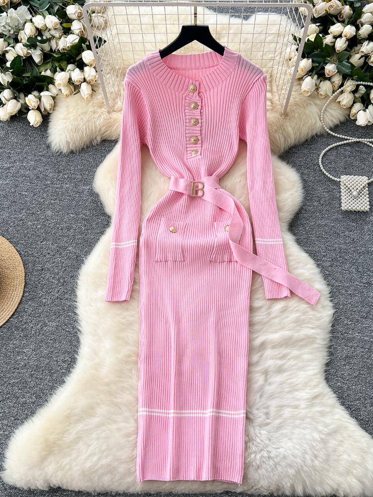 Autumn Korean Fashion Classy Sweater Dress Women Metal Breasted Belt Bodycon Long Dress Female Design Outdoor Knitted Clothing