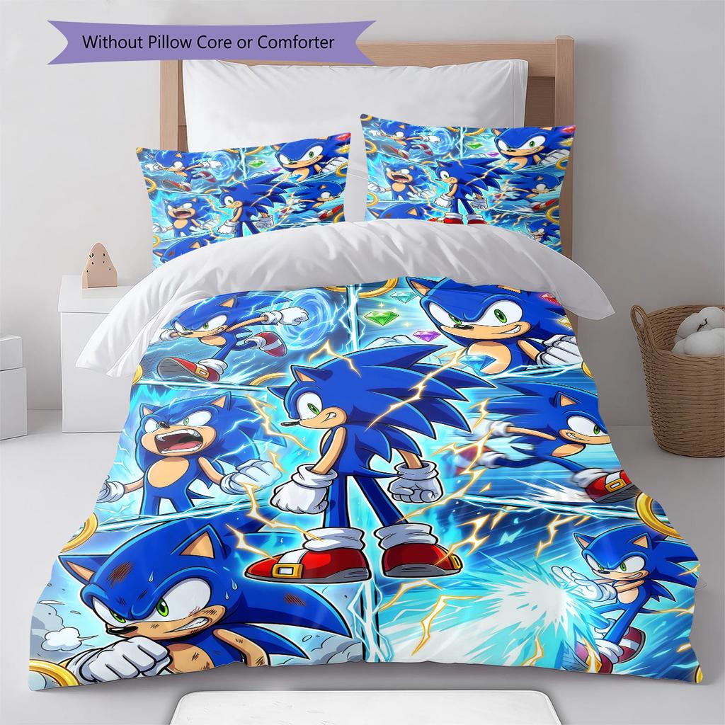 Blue Hedgehog Cartoon Pattern Bedding Set Quilt Cover Pillowcase Home Decor Gift (1 * Duvet Cover + 2 * Pillowcase, Without Core)