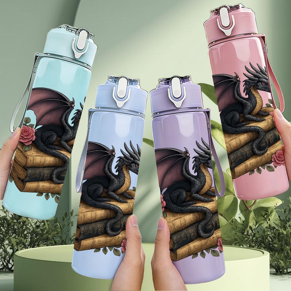 1PC Floral Dark Dragon 750ml Color Plastic Sports Water Bottle Leakproof Flip Straw Lid Suitable for Sports Office Home Use