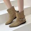 Cowhide version niche pointed short boots western cowboy boots women's thick heel belt buckle leather boots martin boots