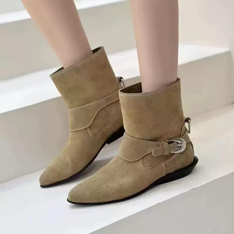 Cowhide version niche pointed short boots western cowboy boots women's thick heel belt buckle leather boots martin boots