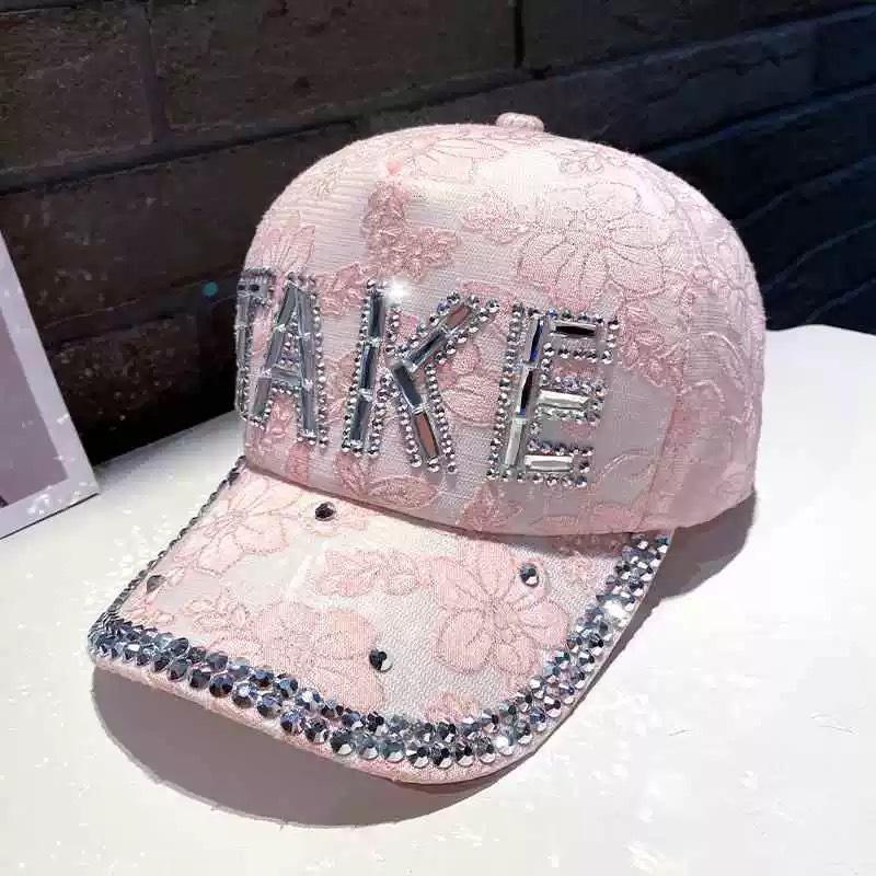 

Bling Rhinestone Floral Lace Baseball Cap Sparkle Adjustable Trucker Hat for Women L розовый