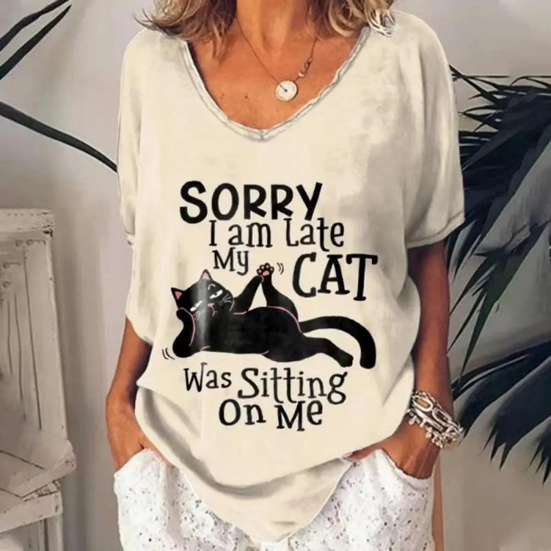 Summer V-neck 3D Cute Cat Printed Top Fashionable Casual Short Sleeved Women's T-shirts