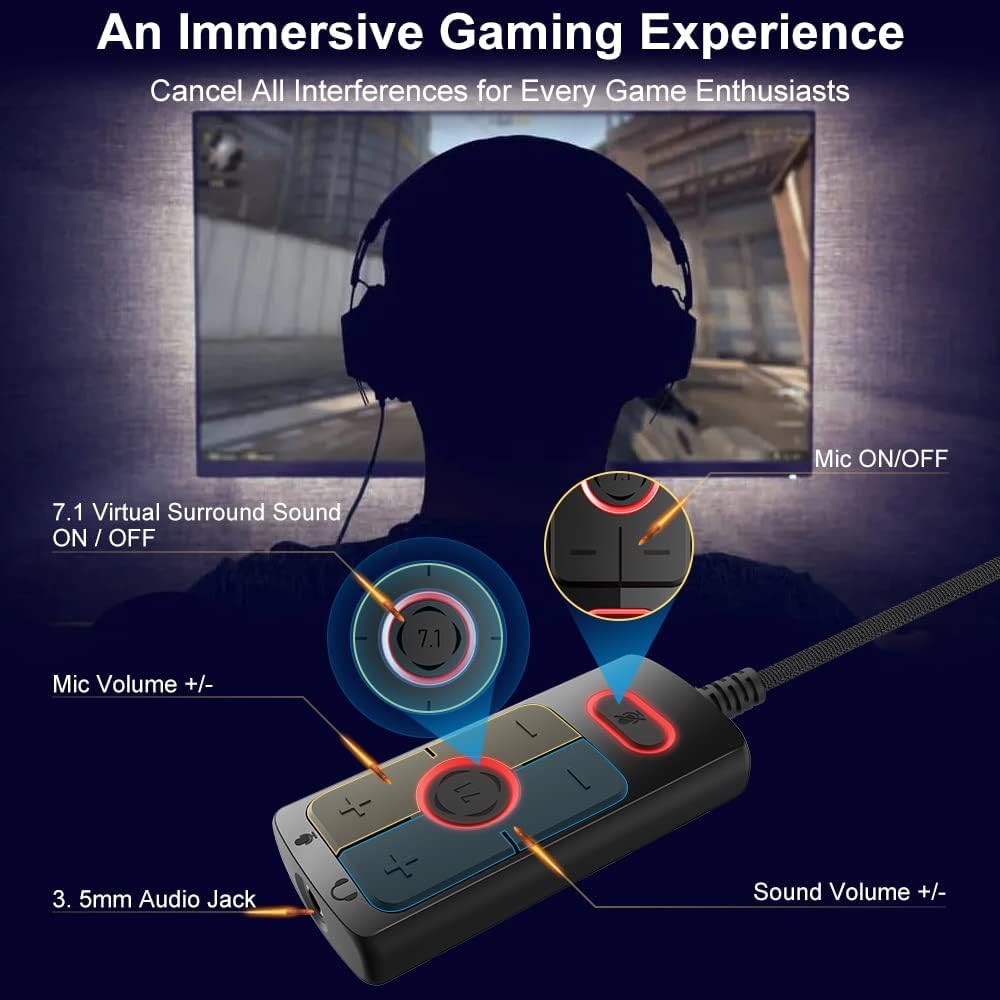 1Mii USB-Soundkarte USB auf Klinke Audioadapter Virtueller Surround-Sound Kompatibel mit Headsets Externe Soundkarte Kein Treiber erforderlich Plug and Play