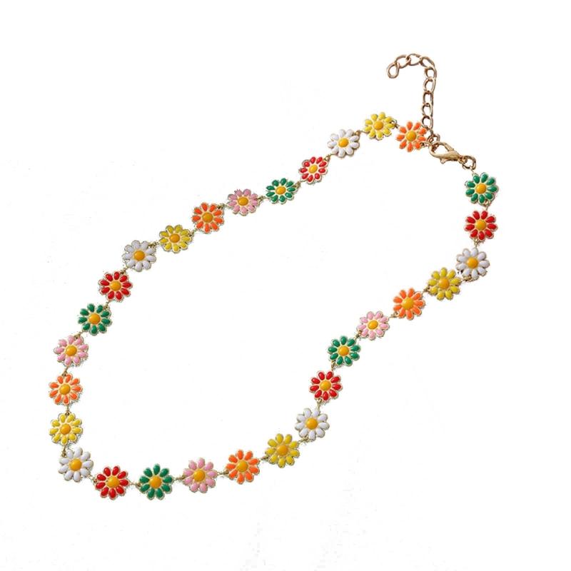 Painted Flower Choker Small Daisy Necklace Adjustable Clavicle Chain for Women Girls Handmade Bracelet Earrings Jewelry