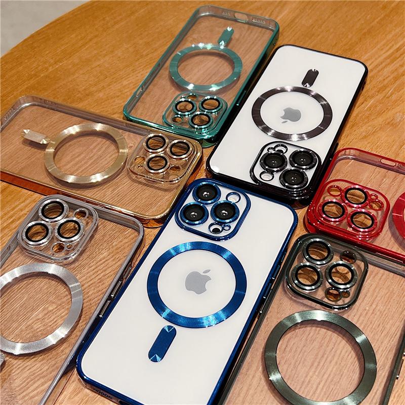 For iPhone 15 16 Pro Max Luxury Magsafe Magnetic Plating Frame Transparent Phone Case For iPhone 11 12 13 14 15 Plus Lens Cover