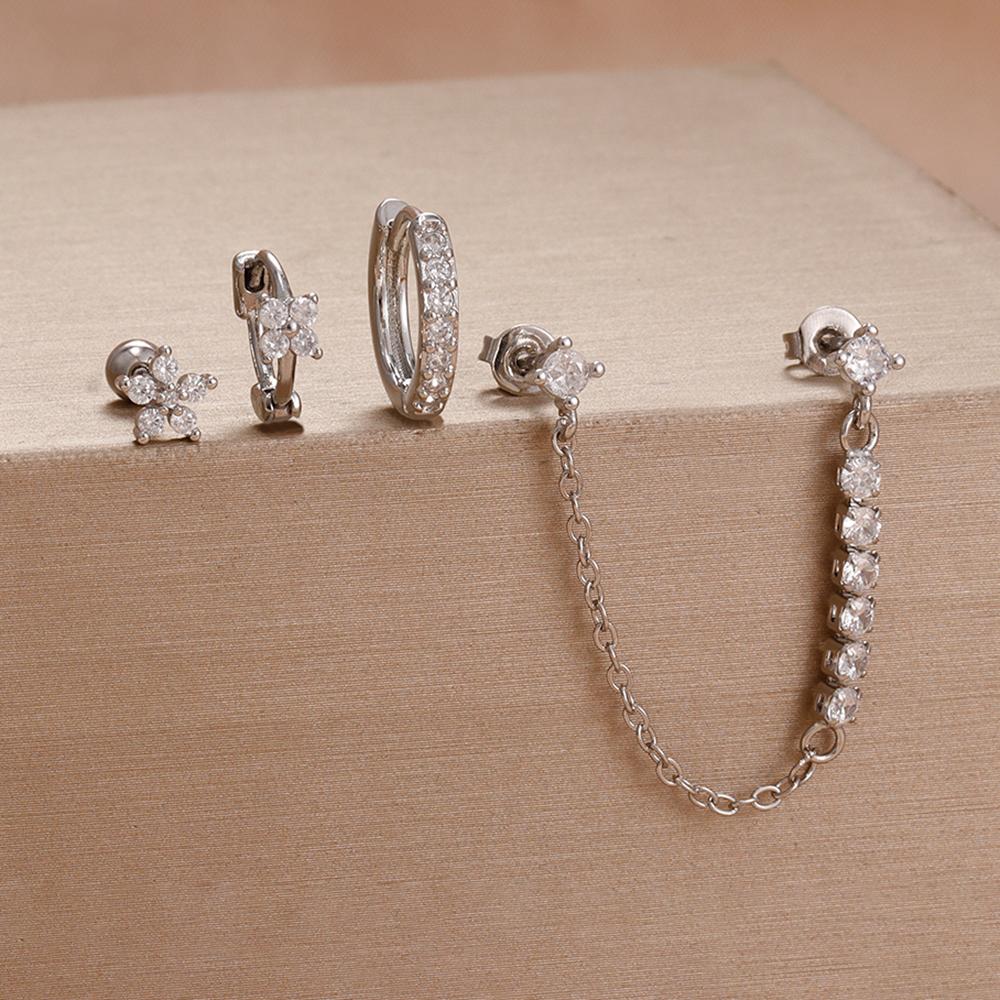 4 Stück Französisches Design Edelstahl Huggie Creolen Set Für Damen Anhänger Blumenkrone Zirkon Ohrstecker Piercing Schmuck