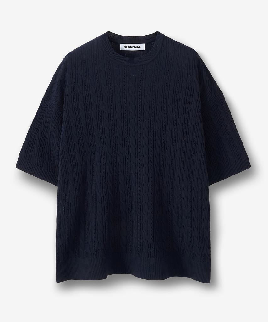 BLOND9 Cable Punching Short Sleeve Round Knit_Navy