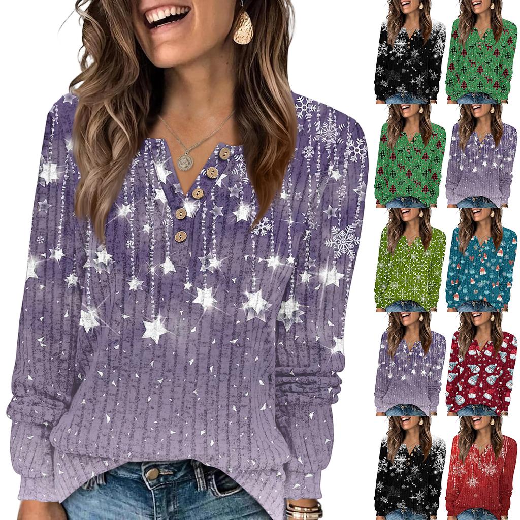 Women's Fashion V-Neck Button-Up T-Shirt With Christmas Print Long-Sleeved Top